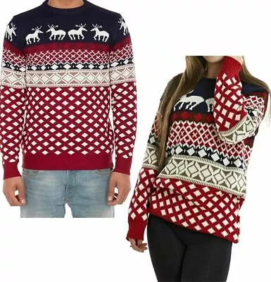 Buy Women All Over Reindeer Red And Navy Jumper  Christmas Party Wear Sweatshirt UK • 11.99£