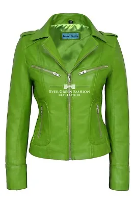 Buy 'RIDER' Ladies Lime Green Biker Motorcycle Style REAL NAPA LEATHER JACKET 9823 • 98.99£