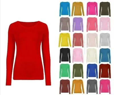 Buy Womens Long Sleeve Round Neck Plain Basic Ladies Stretch T-Shirt Top UK 8-26 • 7.95£