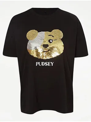 Buy Adult Black Pudsey Bear Top Gold Silver Flip Sequin T-Shirt Children In Need • 13.99£