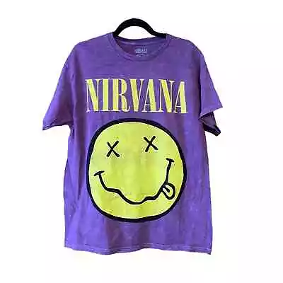 Buy NWOT Nirvana Women's FLAW Inverse Smiley Face T-Shirt Short Sleeve Purple Size L • 18.94£