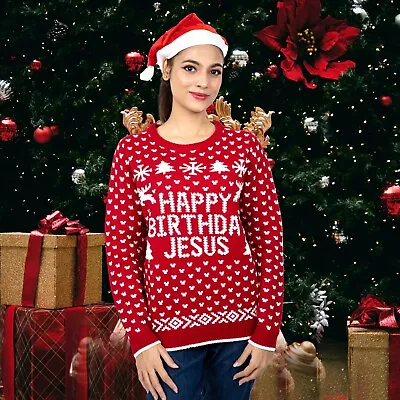 Buy New Ladies Women's Xmas Happy Birthday Jesus Funny Christmas Knitted Jumper Top • 17.99£
