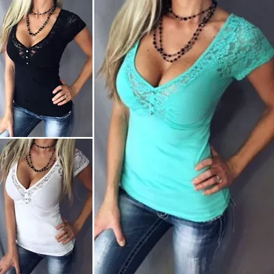 Buy Womens Summer Casual Slim Fit Tops Blouse Ladies Sexy Lace Short Sleeve T Shirt • 11.69£