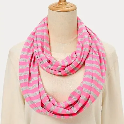 Buy Neon Pink Infinity Loop Scarf Stripe Grey Marl Super Soft Jersey Material NEW • 8.95£