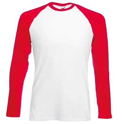 Buy Men LONG SLEEVE BASEBALL T Shirt Fruit Of The Loom Contrast T-Shirt Cotton Top • 7.49£