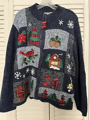 Buy Tiara International Women's Size 26/28 Embroidered Holiday Zip Cardigan Sweater • 18.96£