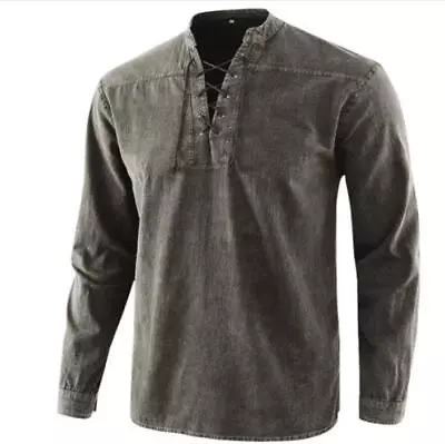 Buy Mens Plain Lace Up Long Sleeve T Shirts Tops Retro Casual Pullover Shirt Tee UK • 15.49£