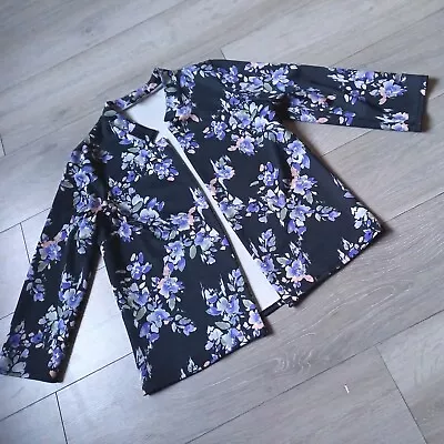 Buy Black Floral Print Edge To Edge Jacket Smart Occasion Office 3/4 Sleeves UK14/16 • 4.50£