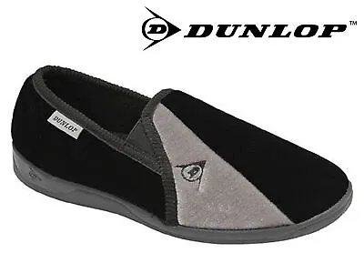 Buy Mens Dunlop Full Slippers Velour Two-Tone Twin Gusset Comfy Warm Black / Grey • 13.99£