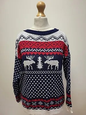 Buy Vv591 Womens Slick Blue Whire Reindeer Christmas Jumper Top Uk L Eu 40 • 14.99£