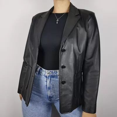Buy For Women Vtg Black Genuine Leather Blazer Jacket Uk 14 Y2k 90s Grunge Glam Goth • 39.99£