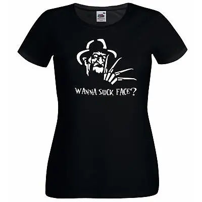 Buy Ladies Black Freddy Wanna Suck Face Nightmare Horror Movie T-Shirt • 12.95£