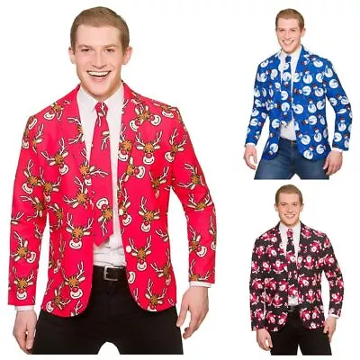 Buy Mens Christmas Jacket & Tie Set Reindeer Santa Snowman Print Fancy Dress Costume • 22.29£