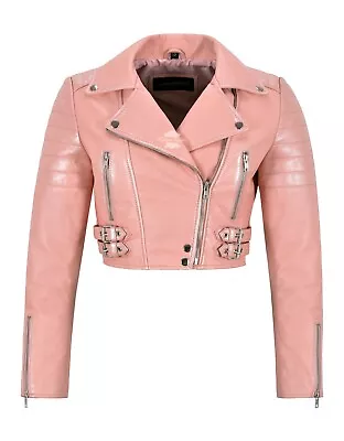 Buy Women Baby Pink Leather Jacket White Pearl Effect Cropped Bikers Fashion Jacket • 119.74£