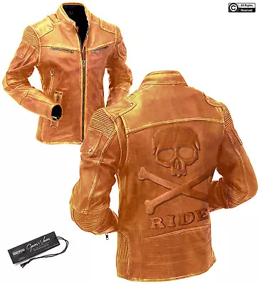 Buy Men's Orange Vintage Biker Motorcycle Leather Jacket With Embossed Skull NEW • 329.99£
