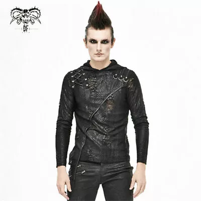 Buy Rock Black Long Sleeve T-shirt Gothic Double Layers Irregular Hooded Tops Tees • 51.12£