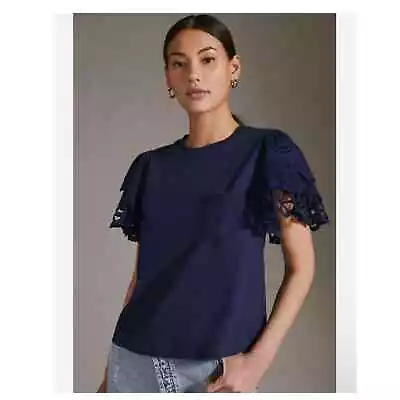 Buy ANTHROPOLOGIE Forever That Girl Womens Eyelet Statement Sleeves Top Size S Navy • 28.98£