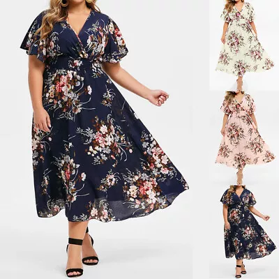 Buy Plus Size 20-28 Womens Boho Floral Midi Dress Short Sleeve Beach V Neck Sundress • 3.29£