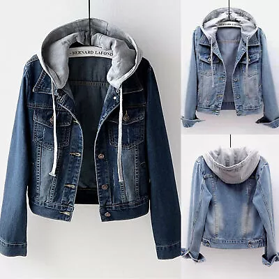 Buy Women Denim Jacket Coat Hooded Hoodies Jeans Outwear Casual Long Sleeve Tops ♬ • 7.99£