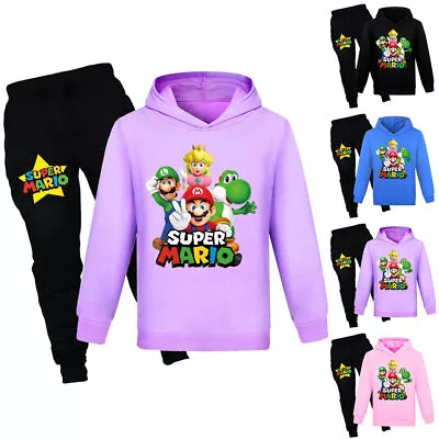 Buy Super Mario Bros Print Kids Tracksuit Hooded Sweatshirt Jogger Pants Outfit Set • 18.91£