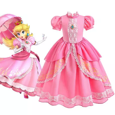 Buy Girls Super Mario Peach Princess Dress Party Cosplay Clothes Birthday Xmas Gift • 26.49£