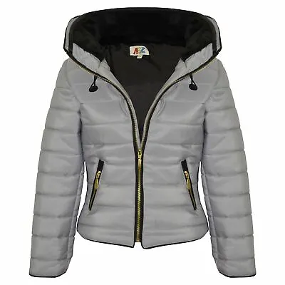 Buy Girls Jacket Kids Padded Silver Puffer Bubble Fur Collar Quilted Warm Thick Coat • 19.99£