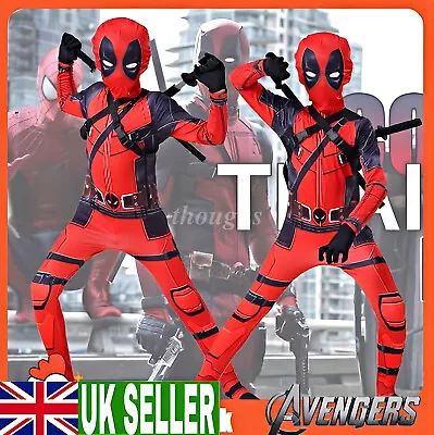 Buy Kids Deadpool Costume Superhero Cosplay Boys Fancy Dress Mask Swords Bodysuit UK • 19.96£
