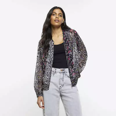 Buy River Island Womens Jacket Black Chiffon Floral Zip Up Casual Outerwear • 10£