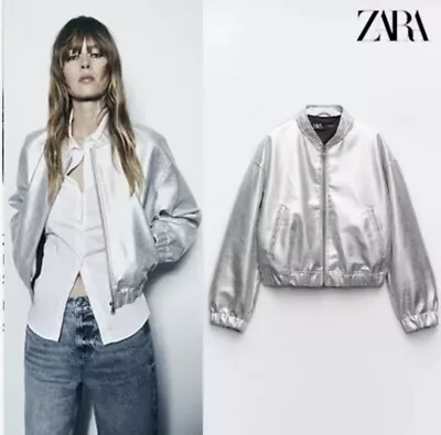 Buy Zara -New Leather Effect  Metallic Bomber Jacket In Silver - M- New - No Tags • 50£