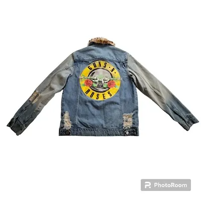 Buy Guns N Roses Women S Distressed Jean Jacket Faux Fur Collar G N R 80s 90s Rock • 34.55£