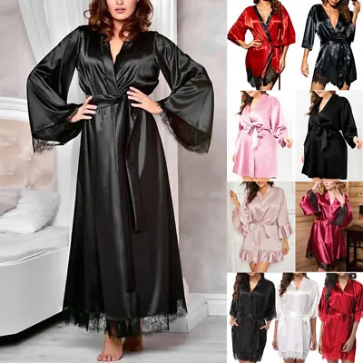 Buy Womens Satin Silk Nightwear Dress Kimono Pajamas Bride Dressing Gown Bathrobe • 8.59£