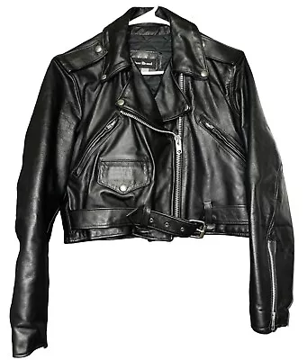 Buy VINTAGE Steer Brand Black Leather Biker Jacket 80's Heavy Metal Womens 14 Crop • 98.51£
