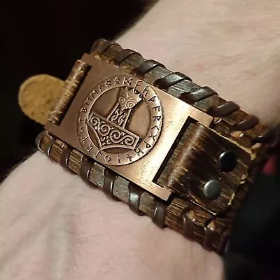 Buy Mens Viking Black/Brown Genuine Real Leather Mjölnir Vegvisir Bracelet Wristband • 9.95£
