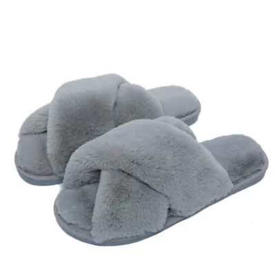 Buy Womens Slippers Ladies Fluffy Furry Cross Over Open Toe Warm Winter Mules Slider • 5.09£