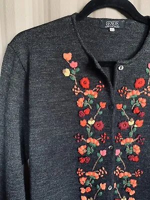 Buy Women’s Geneve Dark Cottage Core Cardigan L Gray Floral Embroidered Sweater • 18.25£