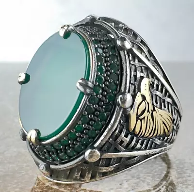Buy Green Aqeeq Ring,Natural Aqeeq Stone Handmade Silver Ring,925 Sterling Ring • 44.40£