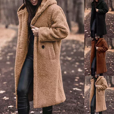 Buy Womens Teddy Bear Hooded Jacket Long Coat Winter Tweed Fleece Camel Overcoat UK • 19.89£