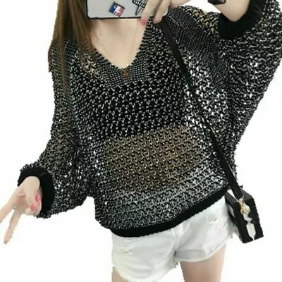Buy Ladies Knitted T Shirt Top Loose V Neck Raglan Sleeve Shiny Blouse Pullover EAN • 20.93£