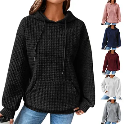 Buy Womens Long Sleeve Hoodies Plain Check Jumper Hooded Sweatshirt Loose Pullover • 12.53£