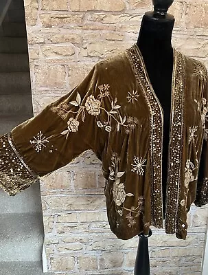 Buy JOHNNY WAS Ally Silk Brown Velvet Kimono Jacket Floral Embroidered Sequin Small • 140£