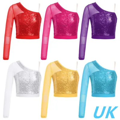 Buy UK Kids Girls Shiny Sequin Dance Crop Top One Shoulder Mesh Spliced T-Shirt  • 4.16£