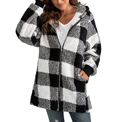 Buy Womens Fleece Faux Fur Jacket Coat Plaid Check Zip Up Hoodie Winter Warm Outwear • 31.31£