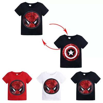 Buy Children Boys Spider-Man Sequins Print Short Sleeve T-Shirt Summer Superhero Tee • 8.06£