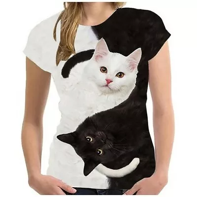 Buy White Black Couple Cat Casual Women Men T-Shirt 3D Print Short Sleeve Tee Tops • 4.07£