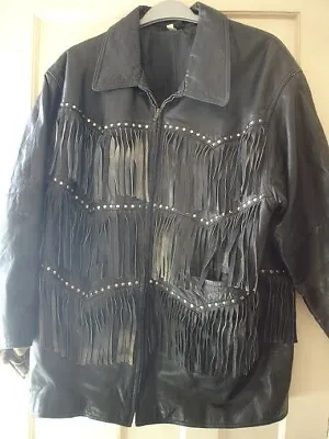 Buy Vintage 1970's Black Leather Fringe And Stud Jacket 44 Chest • 55£