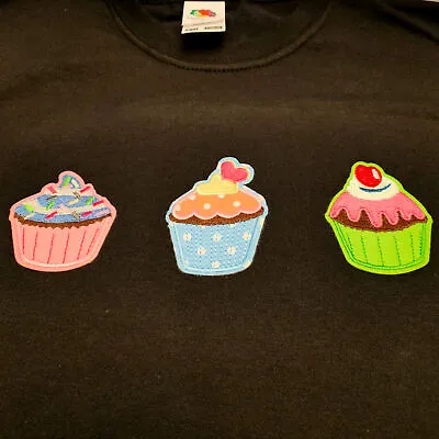 Buy Cute Embroidered 3 Cupcake Pattern Black T-shirt 9/11 Years • 7.99£