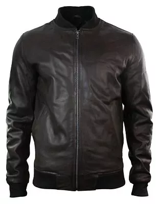 Buy Mens Slim Fit Real Leather Black Varsity Bomber Jacket Classic Retro Black Brown • 126.49£