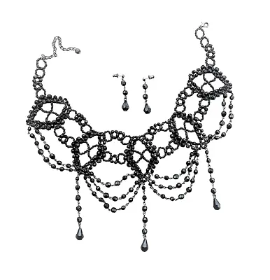 Buy Ladies Black Beaded Gothic Choker Necklace Earrings Burlesque Vintage Style Set • 14.99£