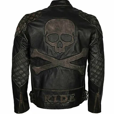 Buy Skull & Bones Black Distressed Leather Vintage Motorcycle Leather Jacket • 88.49£