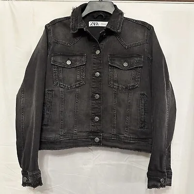 Buy Zara Women's Black Denim Jean Jacket Trucker Biker Tomboy Distressed Sz Medium • 24.63£